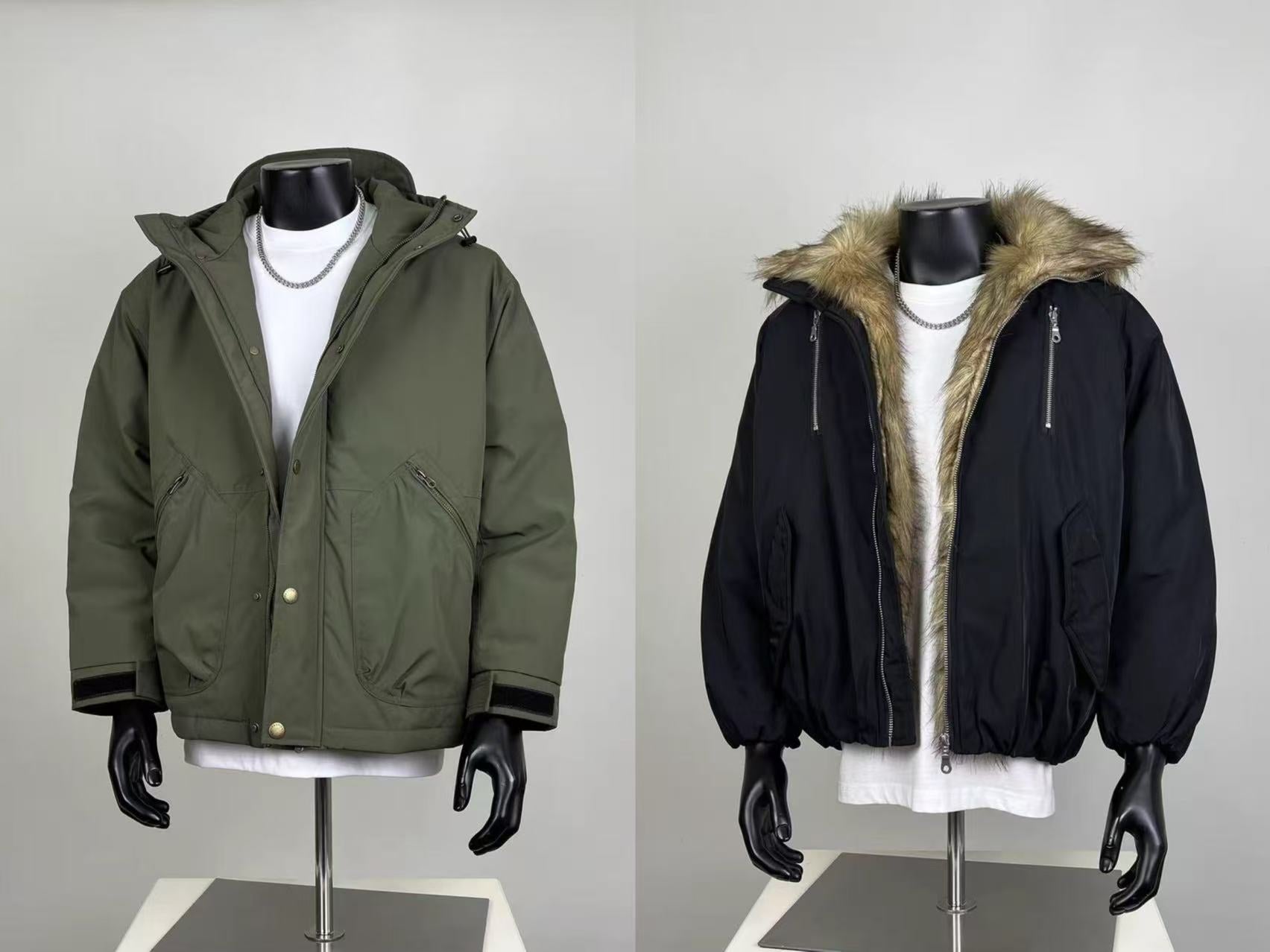 Men's Winter Jackets - Green Parka & Black Fur-Lined Bomber Set