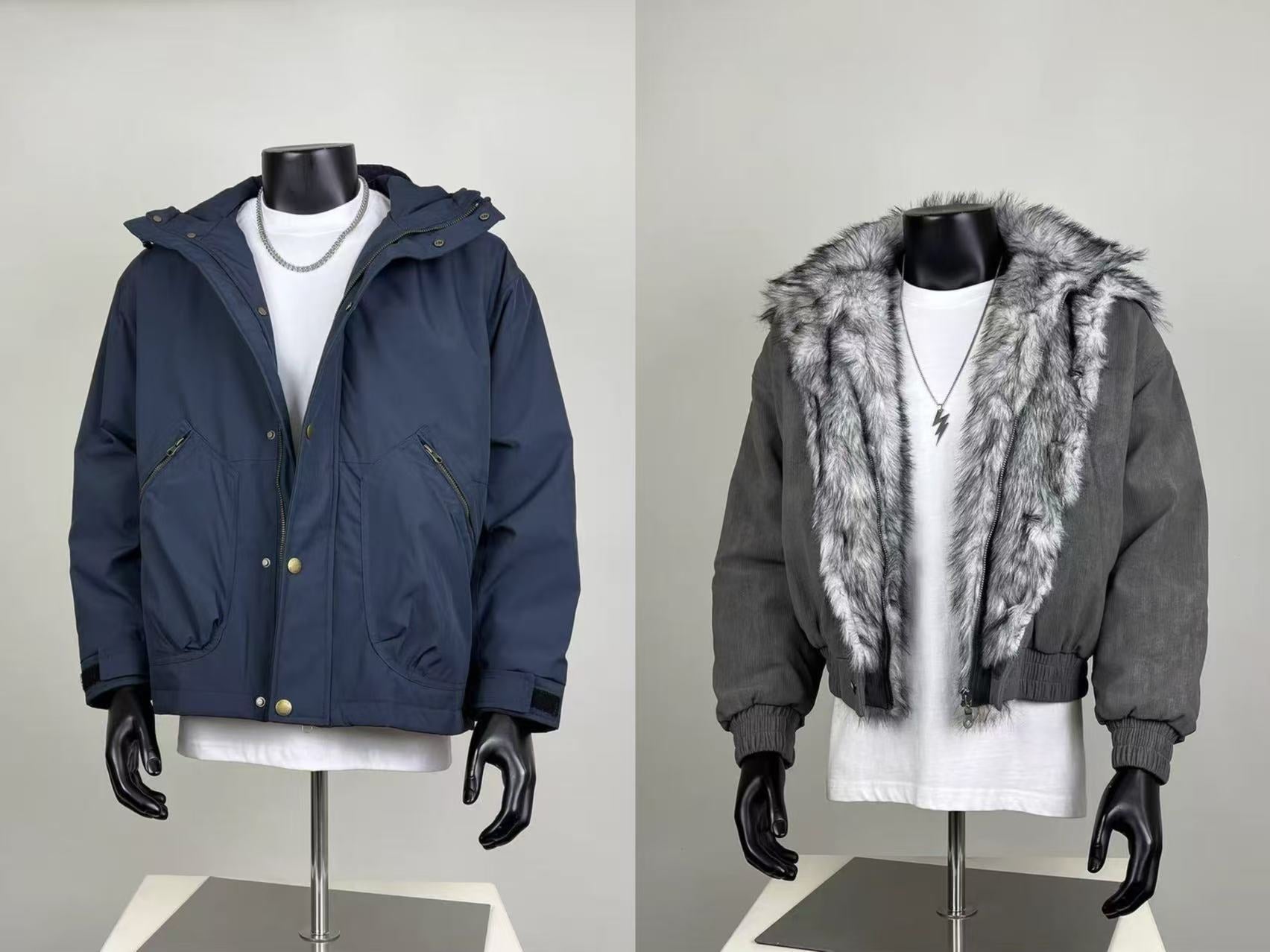 Men's Winter Jackets - Navy Parka & Gray Fur-Lined Bomber Set