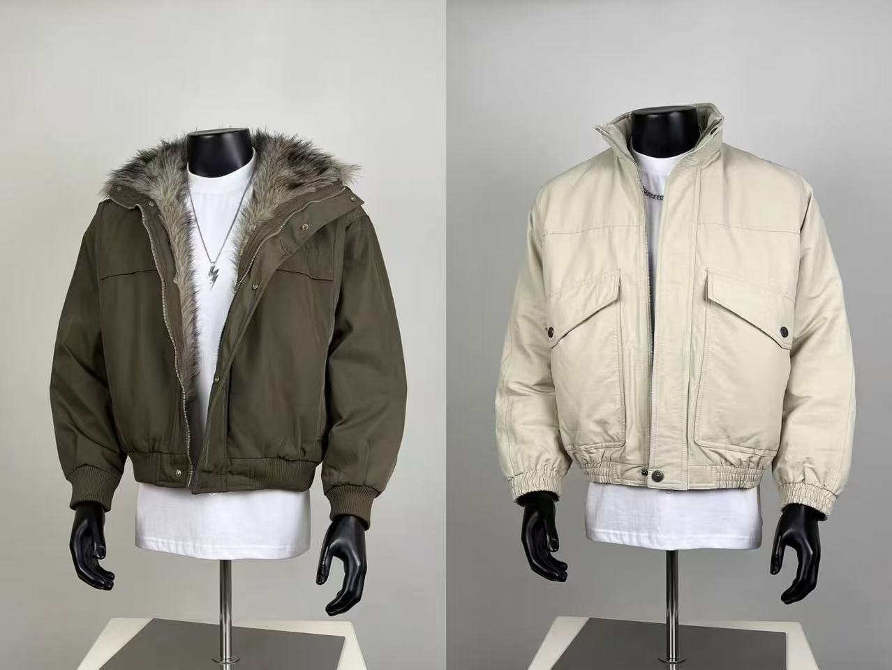 Men's Winter Bomber Jackets - Olive Fur-Lined & Beige Utility Outerwear Set
