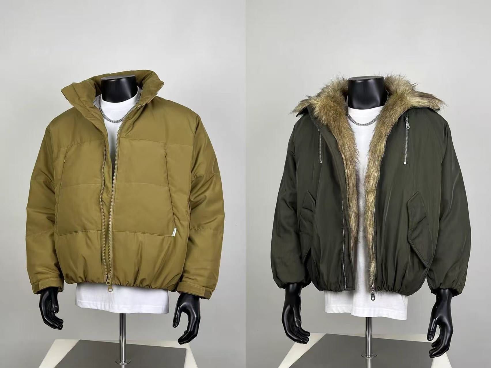 Men's Winter Jackets - Olive Puffer & Green Fur-Lined Bomber Set