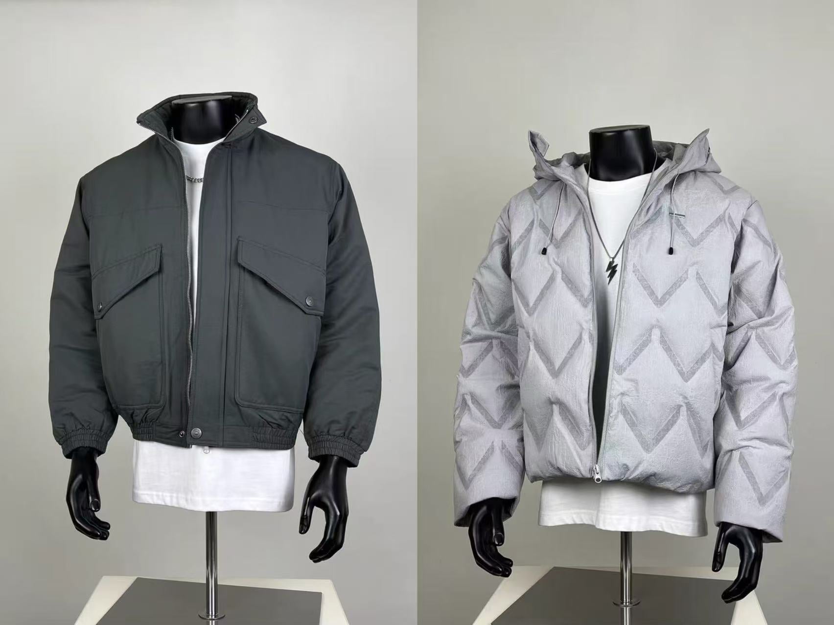 Men's Winter Jackets - Dark Gray Bomber & Light Gray Chevron Puffer Set