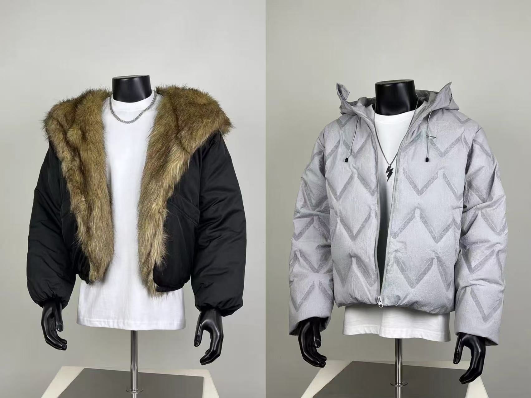 Men's Winter Jackets - Black Fur-Lined Bomber & Light Gray Chevron Puffer Set