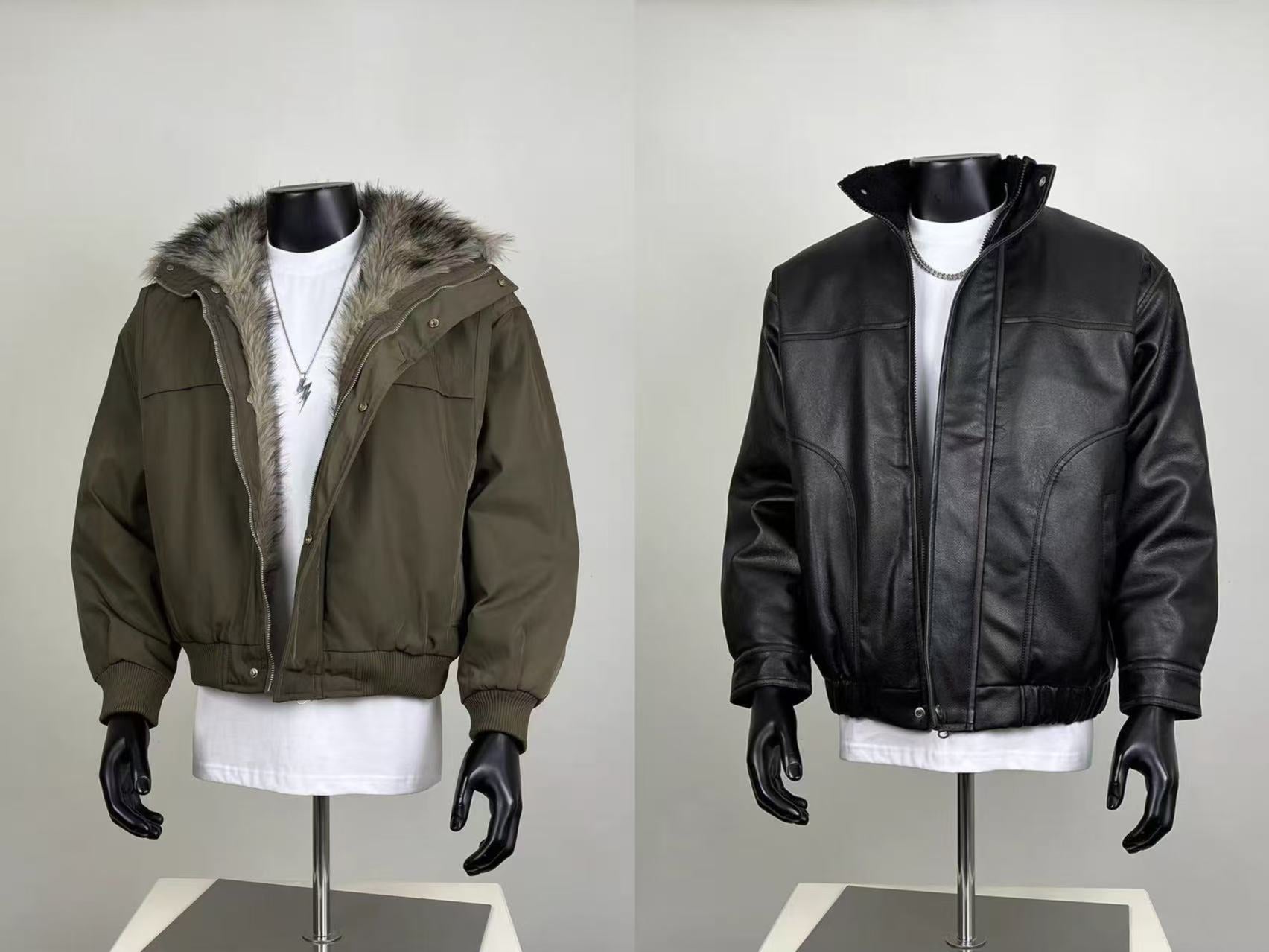 Men's Winter Jackets - Olive Fur-Lined Bomber & Black Leather Bomber Set