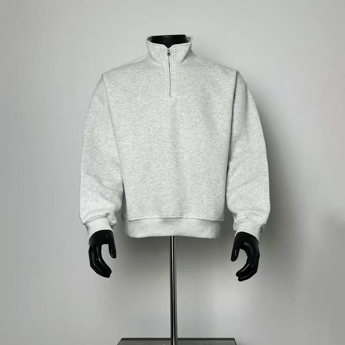 Light Gray Boxy Fit Half-Zip Pullover, Daily Wear Comfort Fleece Top