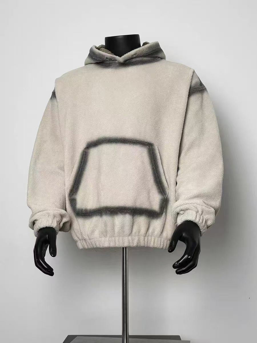 Beige Sherpa-Lined Hoodie with Faded Pocket Outline, Men's Cozy Casual Top