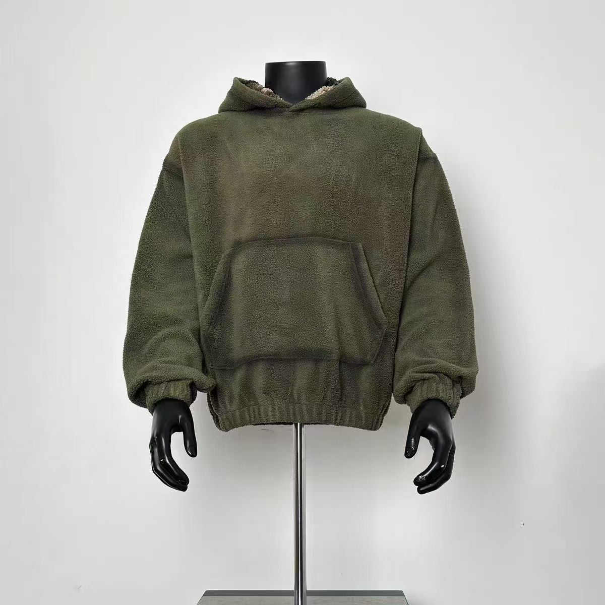 Olive Green Sherpa-Lined Hoodie, Cozy Fuzzy Casual Pullover for Men