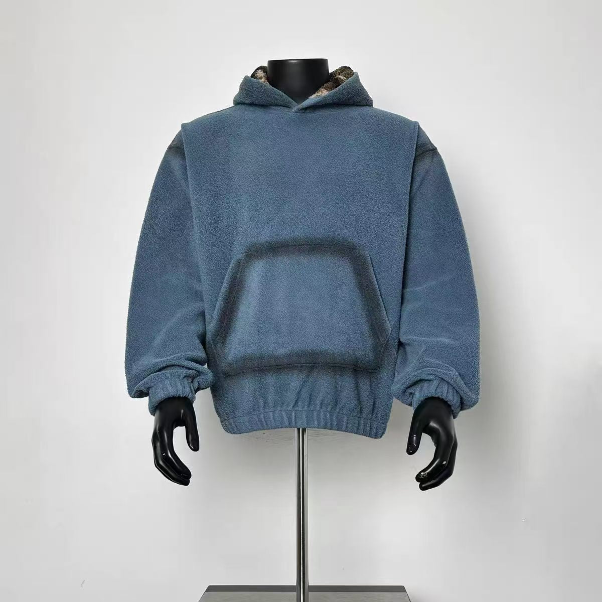 Men's Slate Blue Fleece Spray-Paint Effect Hoodie, Oversized Streetwear Sweatshirt