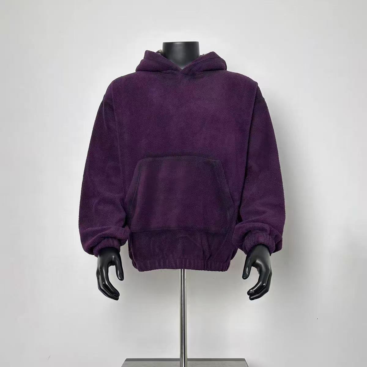 Oversized Fuzzy Purple Hoodie with Spray Wash Detail, Minimalist Streetwear