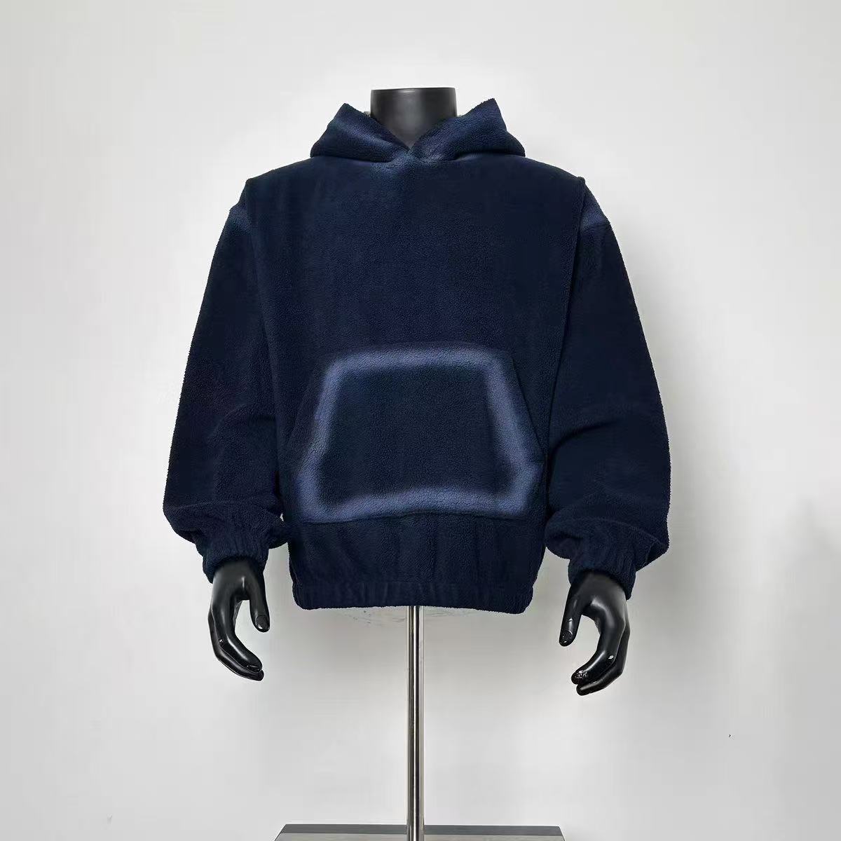 Men's Navy Blue Fleece Spray-Paint Effect Hoodie, Oversized Streetwear Sweatshirt