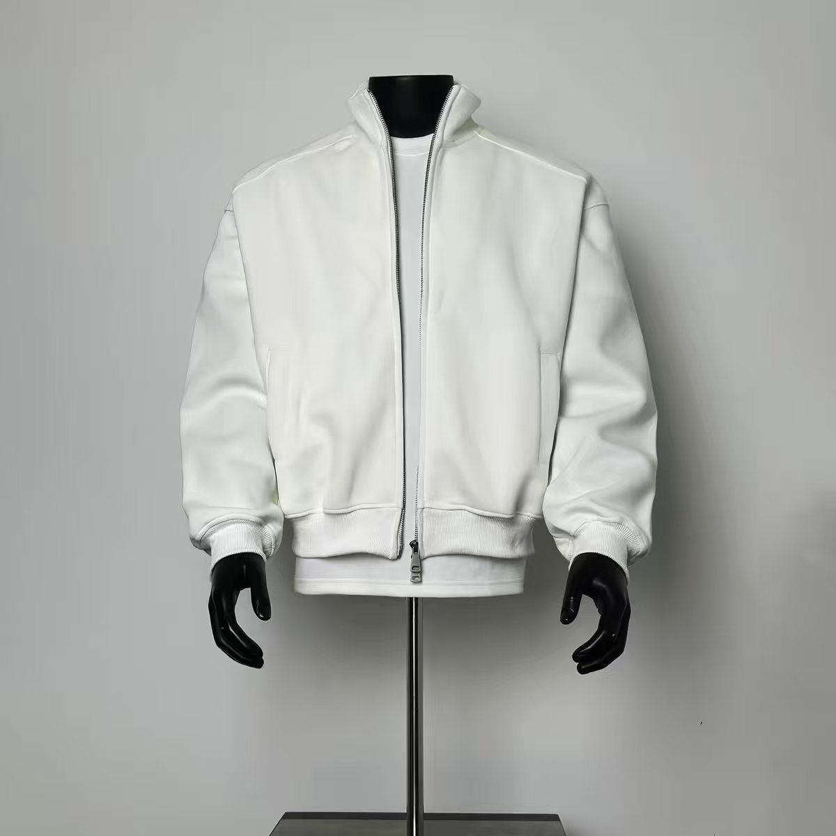 Oversized White Zip-Up Bomber Style Jacket, Men's Casual Streetwear Top