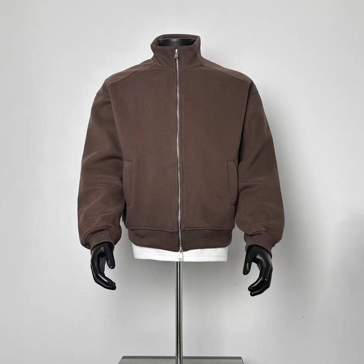 Oversized Brown Zip-Up Bomber Style Jacket, Men's Casual Streetwear Top