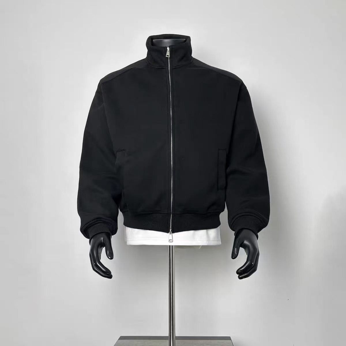 Oversized Black Zip-Up Bomber Style Jacket, Men's Casual Streetwear Top