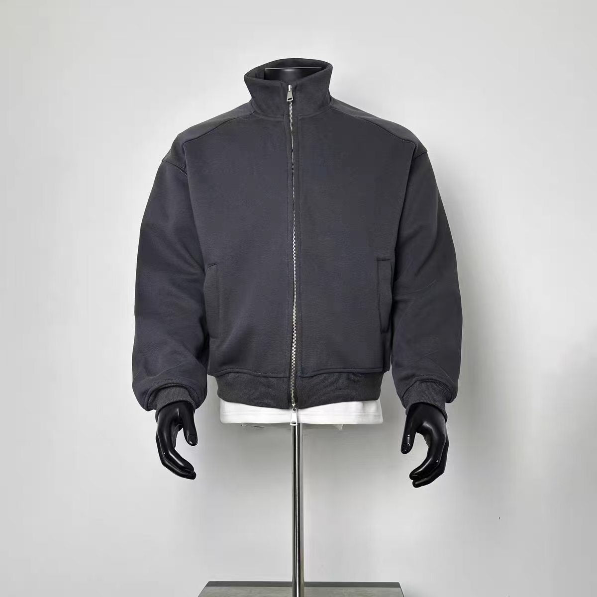 Oversized Dark Gray Zip-Up Bomber Style Jacket, Men's Casual Streetwear Top