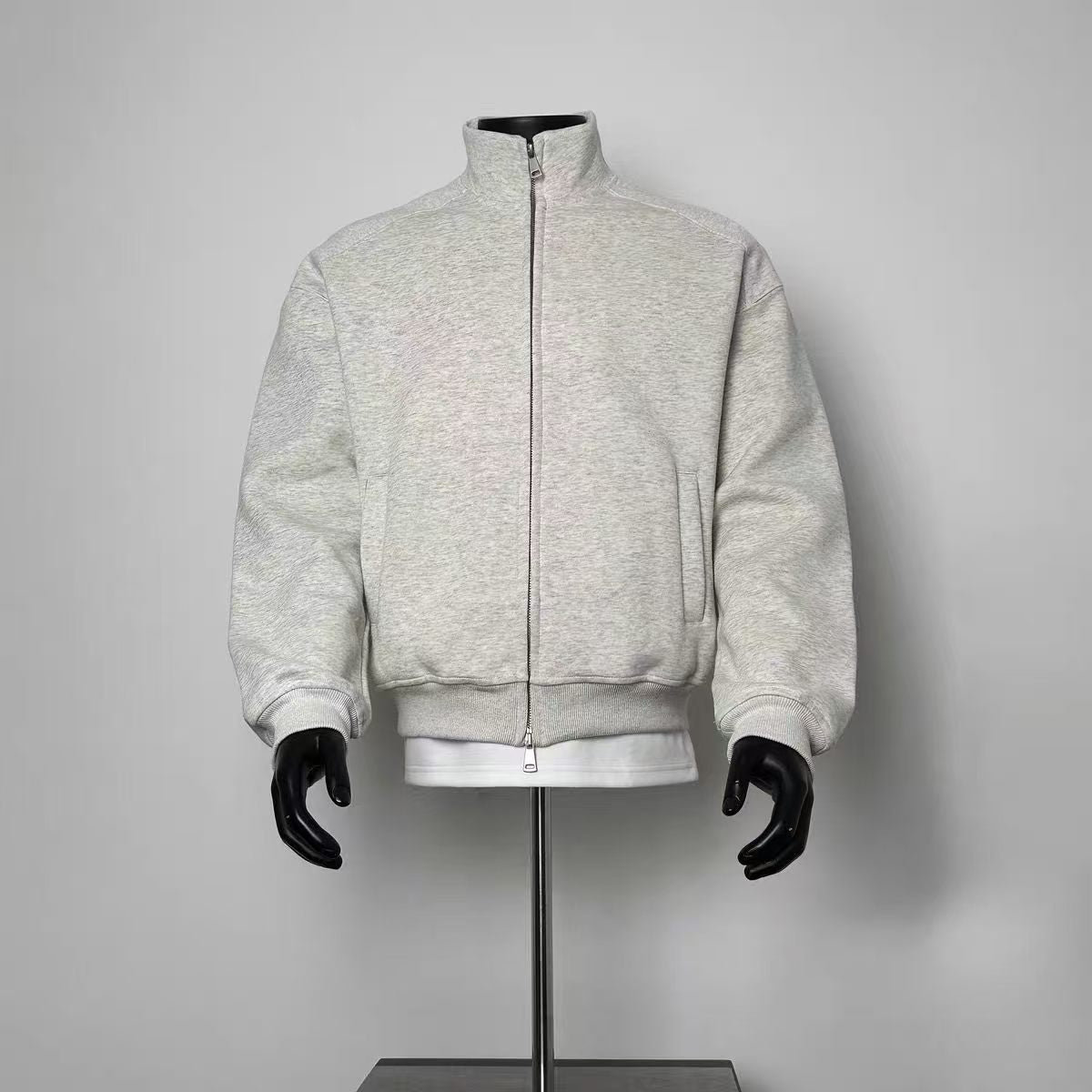 Oversized Light Gray Zip-Up Bomber Style Jacket, Men's Casual Streetwear Top