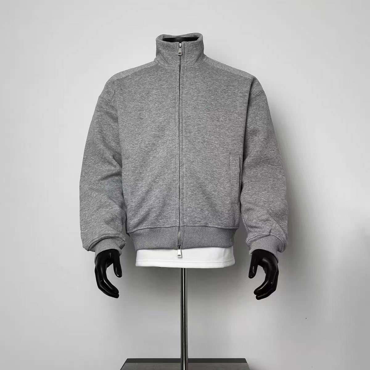 Men's Medium Heather Gray Full-Zip Stand Collar Jacket, Relaxed Fit Minimalist Sweatshirt