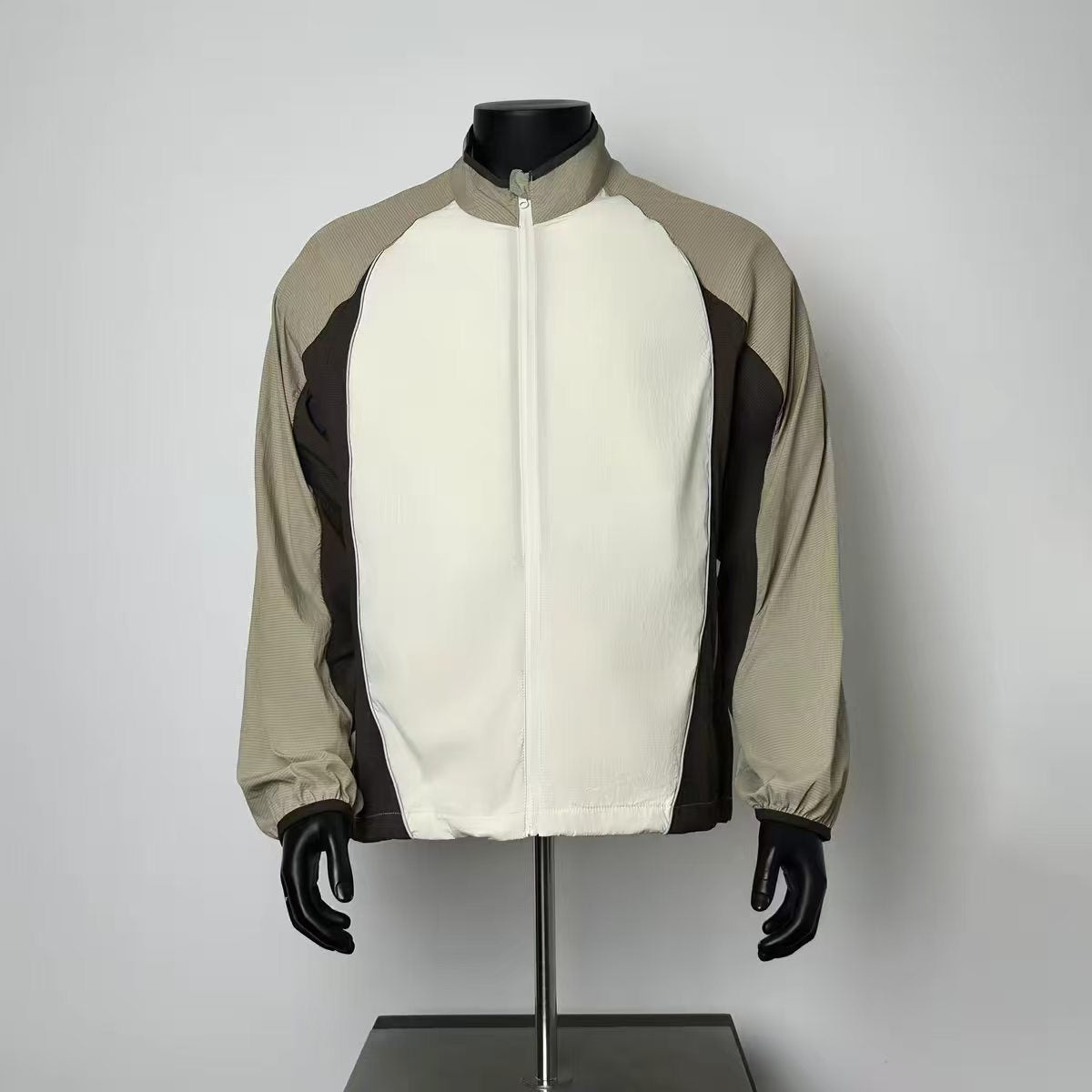 Men's Color Block Windbreaker Jacket, Beige & White Lightweight Full-Zip Top