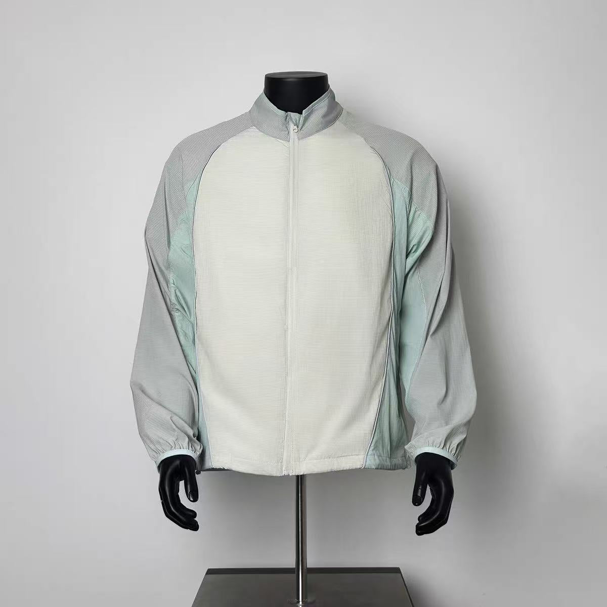 Men's Color Block Windbreaker Jacket, Mint & White Lightweight Full-Zip Top