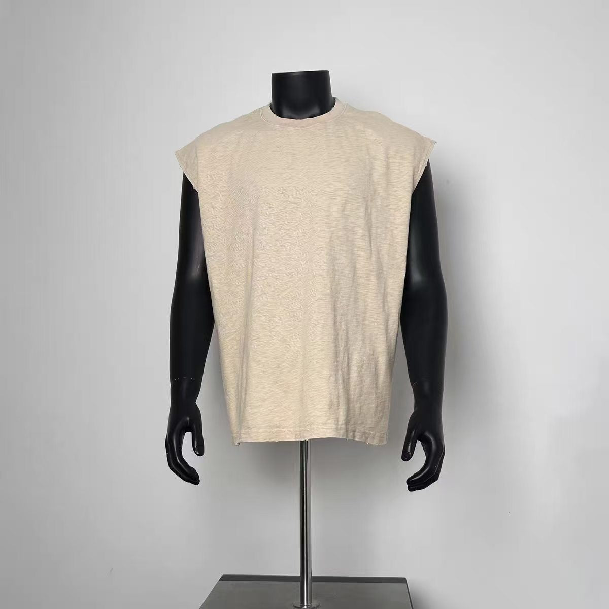 Washed Beige Raw Edge Sleeveless Muscle Tank Top Men