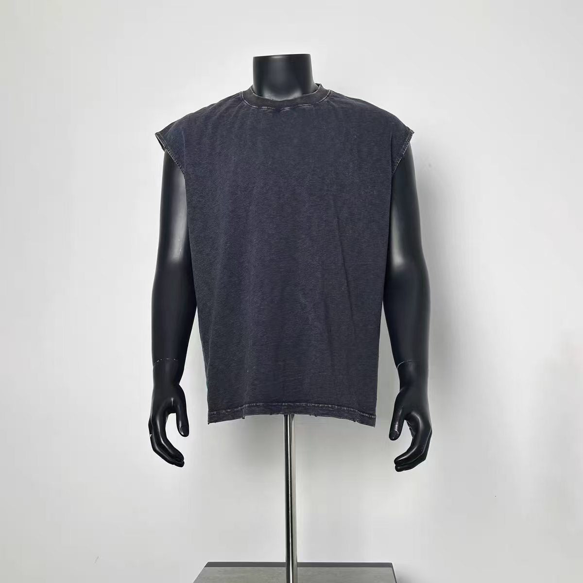 Men Acid Wash Black Cut Off Sleeveless Tee Raw Hem Loose Fit Gym Tank