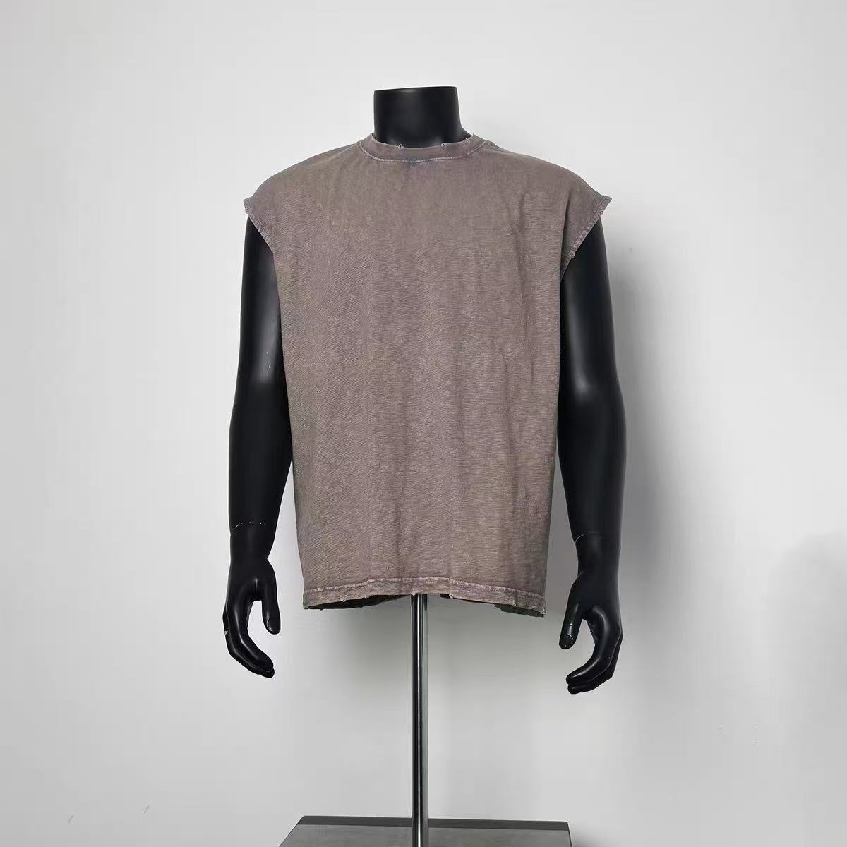Men Acid Wash Taupe Cut Off Sleeveless Tee Raw Hem Loose Fit Gym Tank