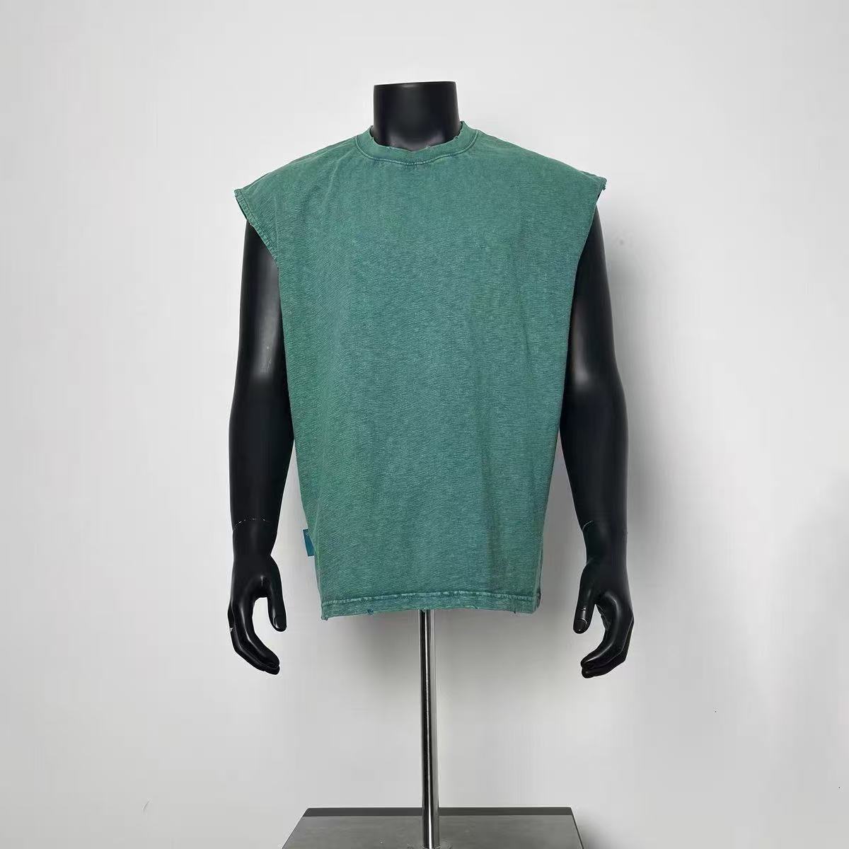 Vintage Washed Green Raw Edge Sleeveless Muscle Tank Top Men