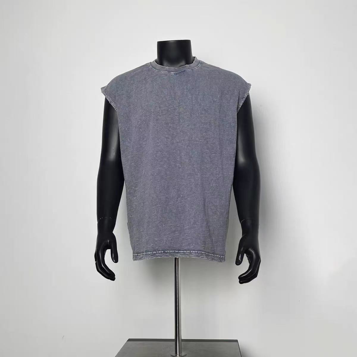 Vintage Washed Grey Raw Edge Sleeveless Muscle Tank Top Men