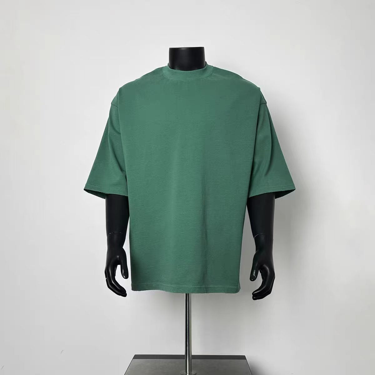 Oversized Vintage Green Raw Cuff Half Sleeve Minimalist Streetwear T Shirt