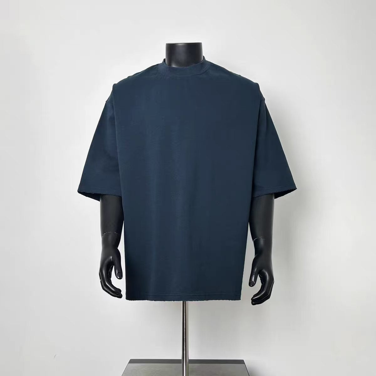 Navy Blue Raw Edge Half Sleeve Oversized T-Shirt For Men