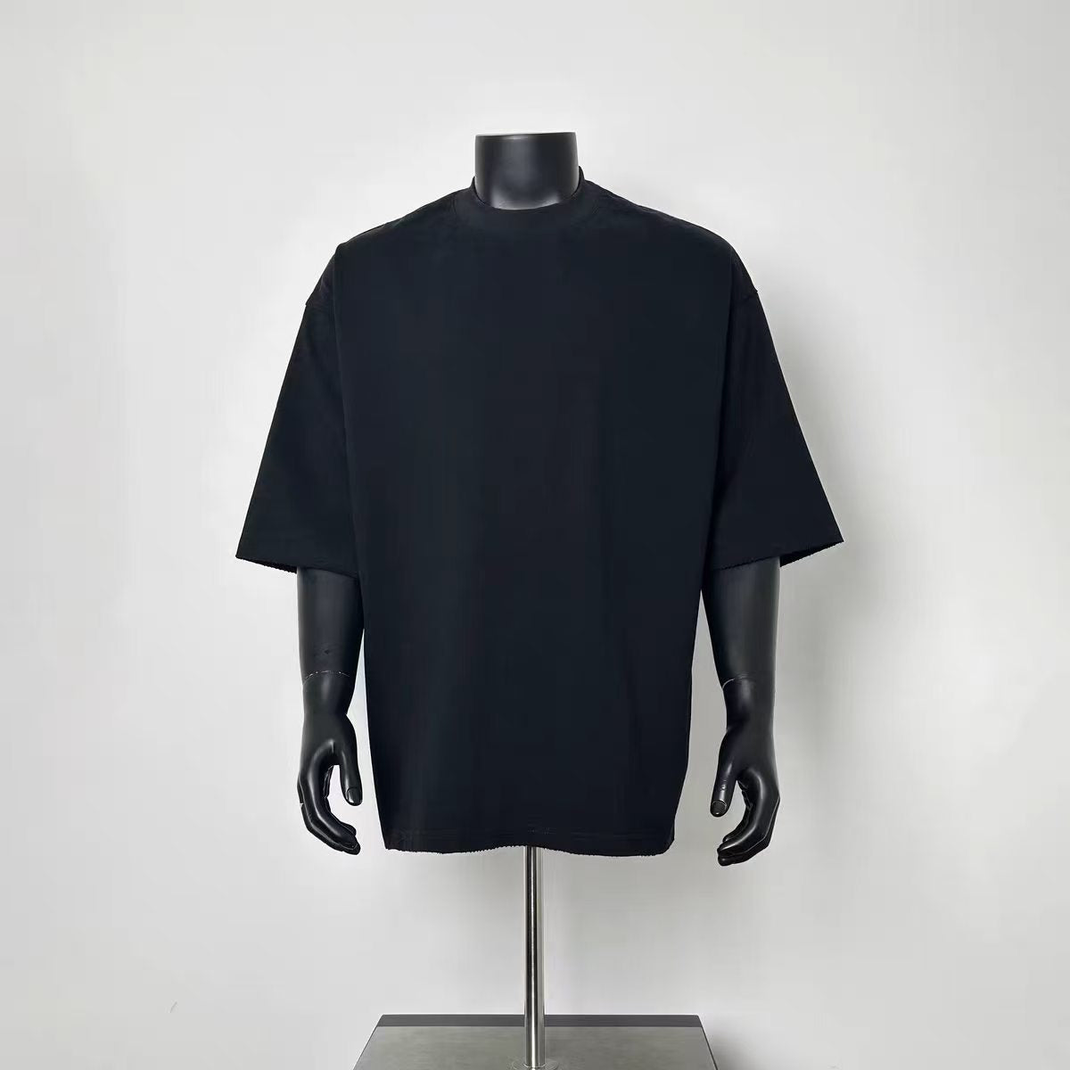 Men Plain Black Loose Mid Sleeve Distressed Crew Neck Blank Casual Tee