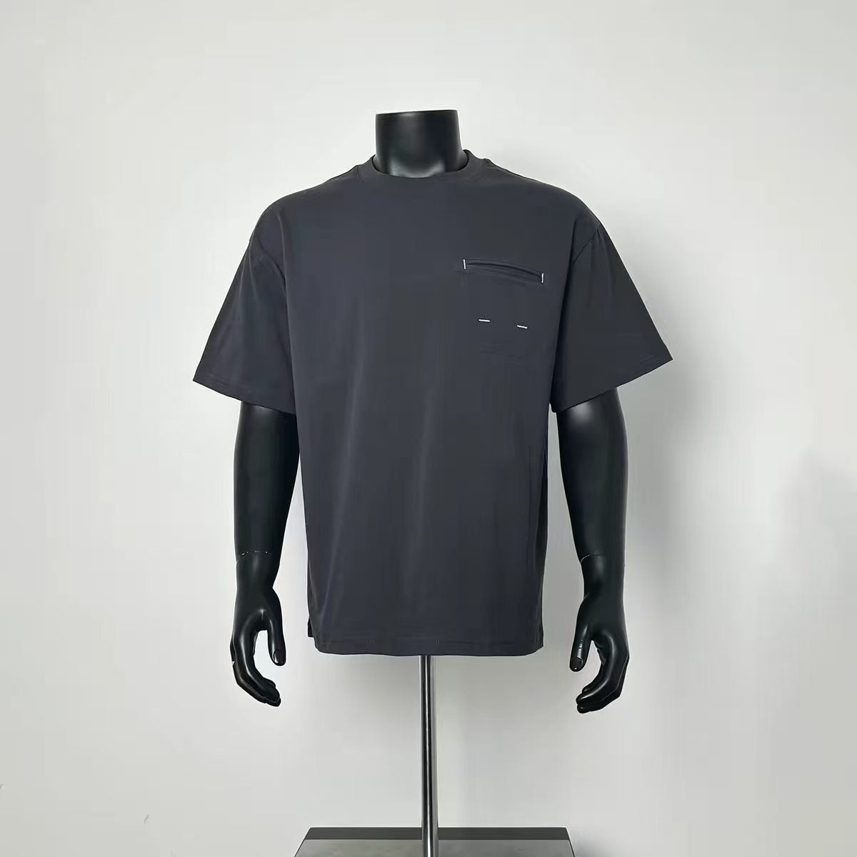 Dark Gray Oversized Crew Neck T-Shirt with Zipper Chest Pocket