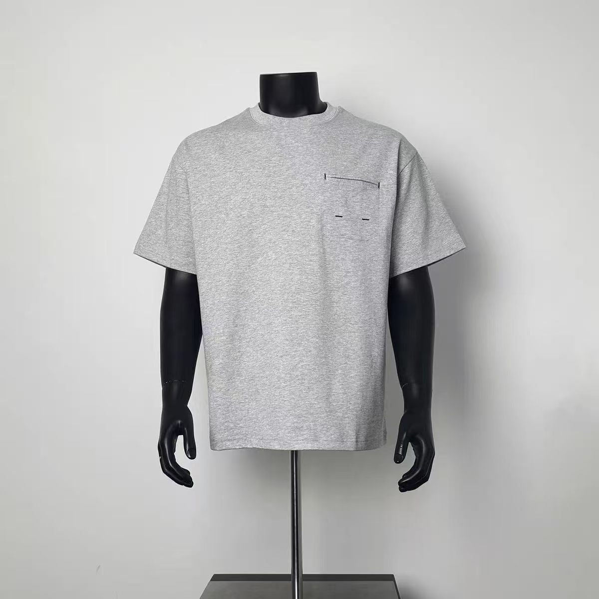 Men Minimal Solid Heather Grey Loose Fit Short Sleeve Tee Pocket Detail