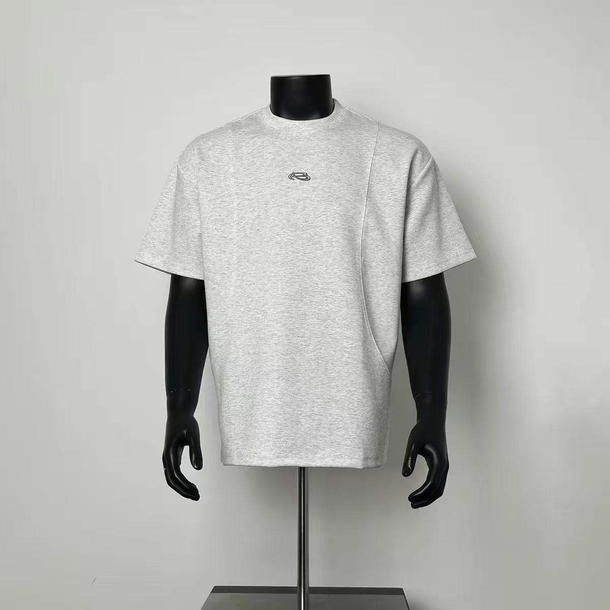 Heather Gray Asymmetric Seam Oversized T-Shirt with Small Logo Embroidery