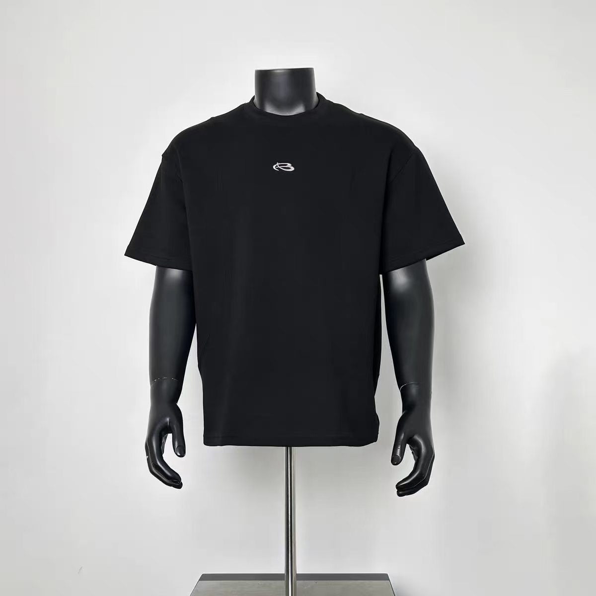 Solid Black Oversized Crew Neck T-Shirt with Tiny Chest Logo Embroidery