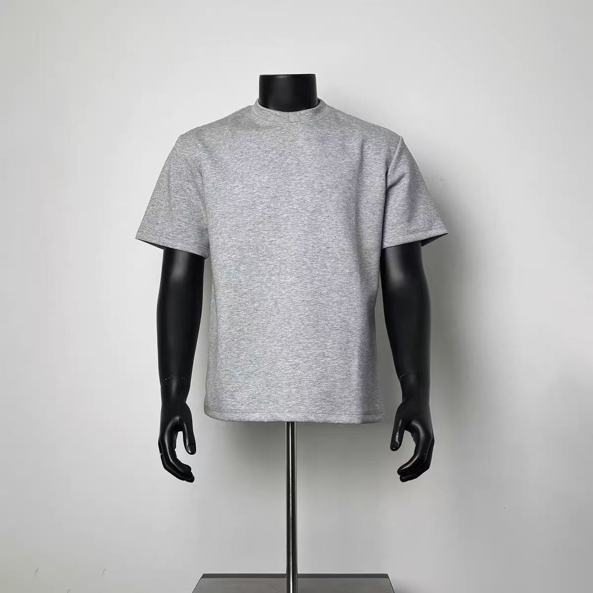 Men Plain Heather Grey Half High Neck Loose Fit Short Sleeve Essential Tee