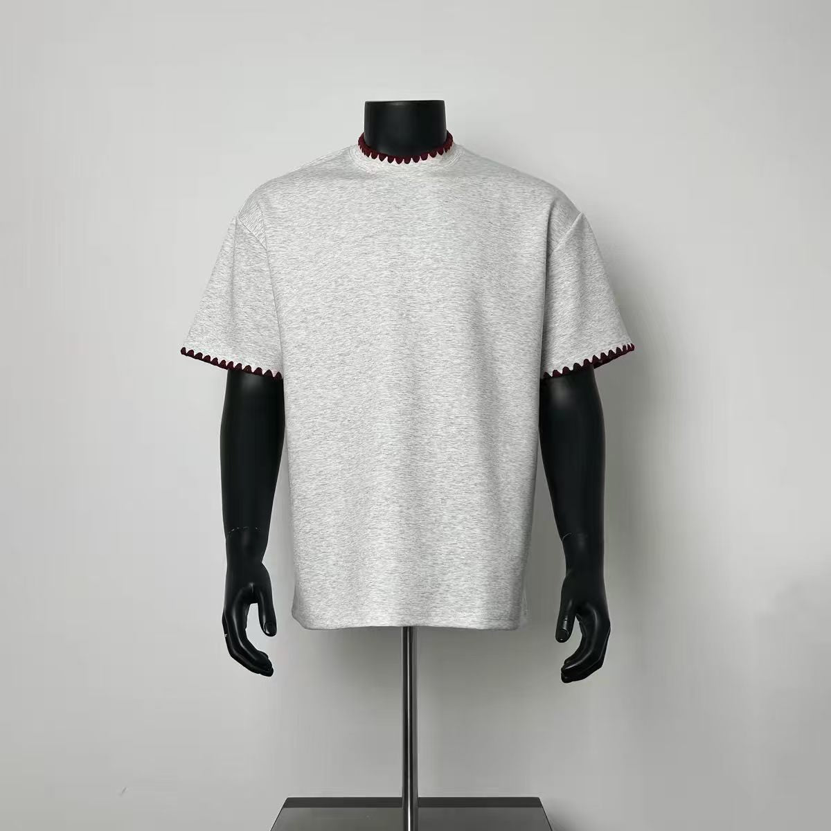 Heather Gray Oversized T-Shirt with Burgundy Wavy Scalloped Trim Collar & Cuffs