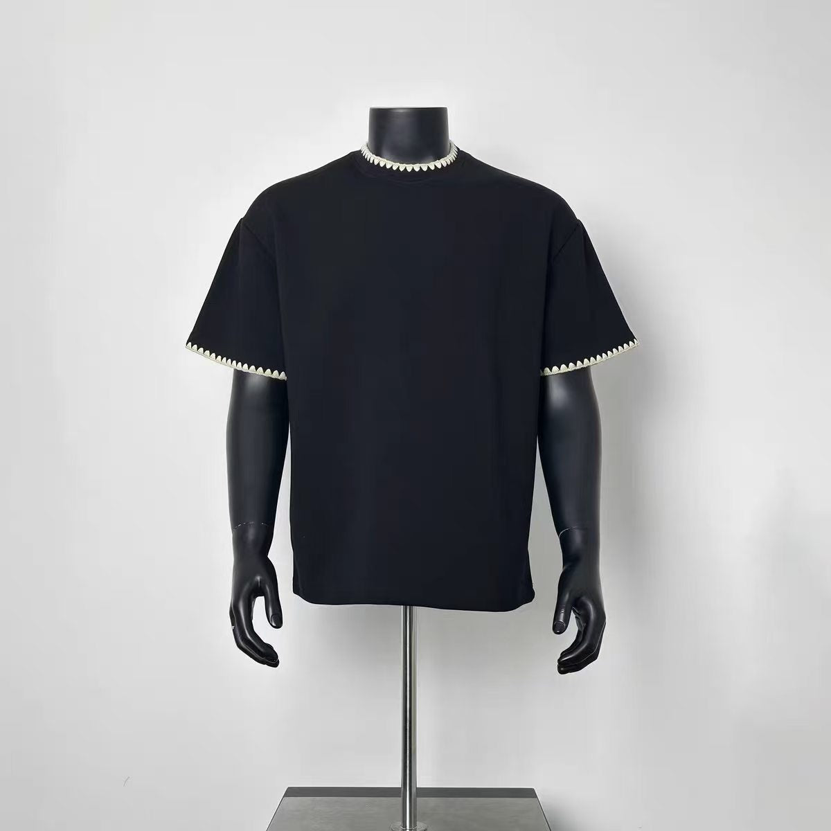 Solid Black Oversized T-Shirt with Cream Scalloped Contrast Trim Collar & Cuffs
