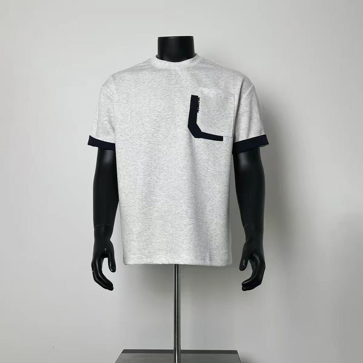 Men Two-Tone Ringer Crew Neck Loose Fit Short Sleeve Tee Unique Stitched Pocket Detail