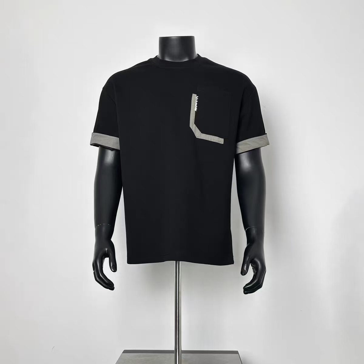 Solid Black Oversized T-Shirt with Heather Gray Contrast Cuffs & L-Shaped Chest Pocket
