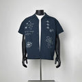 Navy Blue Oversized Short Sleeve Camp Collar Shirt with Doodle Star Eye Graphic Print