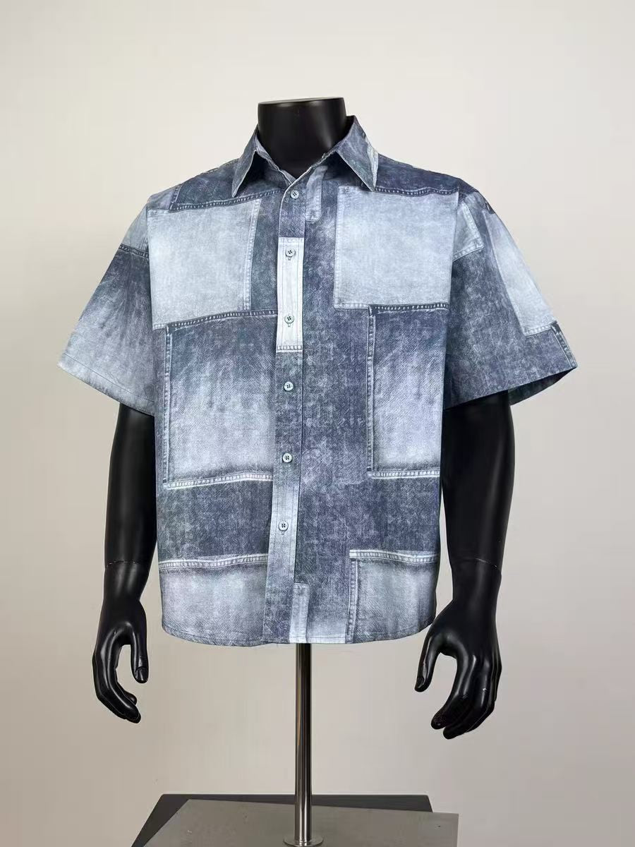 Faux Washed Jean Patch Graphic Loose Fit Collared Casual Short Sleeve Shirt