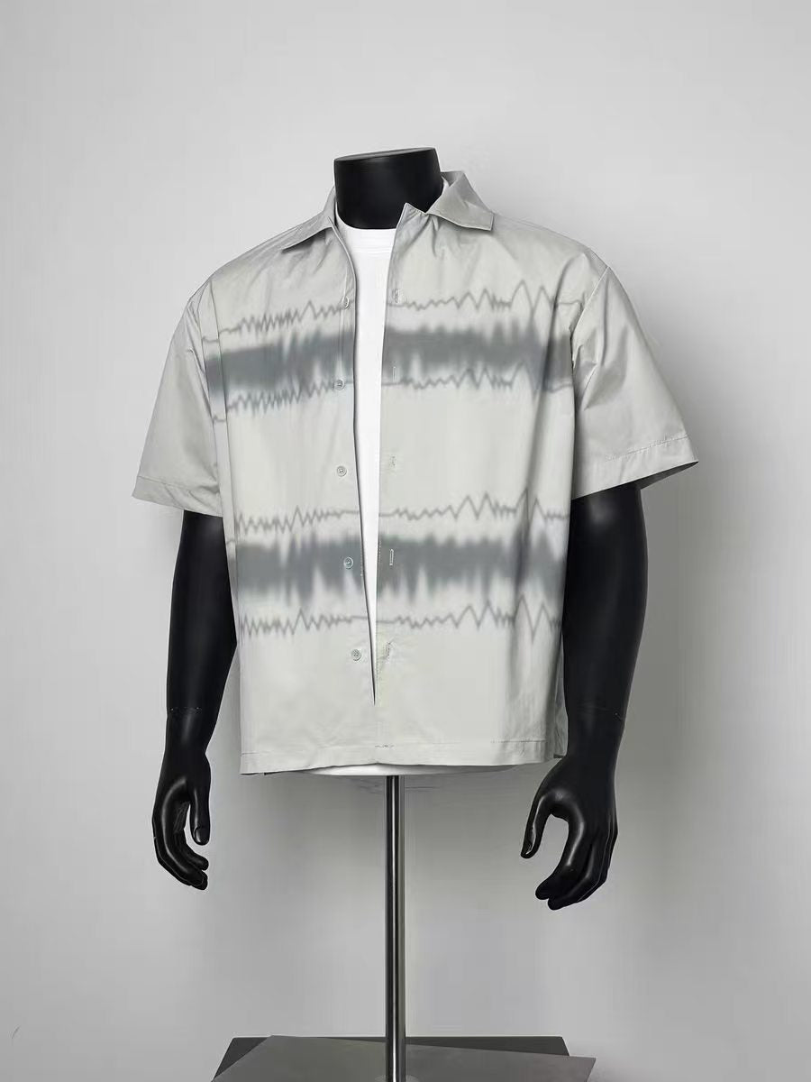 Men Abstract Heartbeat Line Graphic Loose Fit Button Up Casual Resort Shirt