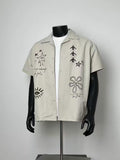 Men Hand Drawn Star Eye Bird Flower Graffiti Loose Fit Button Up Casual Resort Shirt