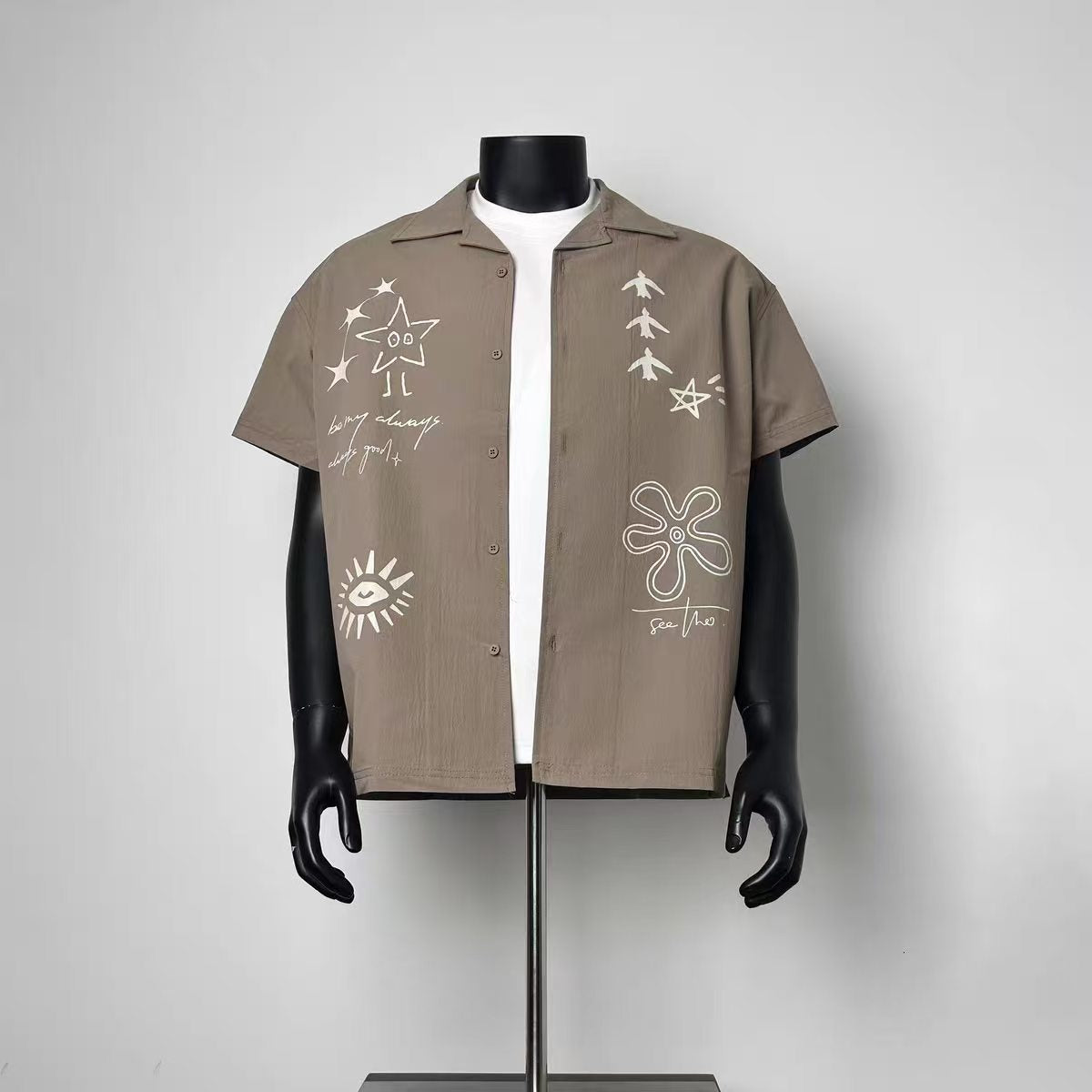 Men Hand Drawn Star Eye Bird Flower Graffiti Loose Fit Button Up Casual Resort Shirt