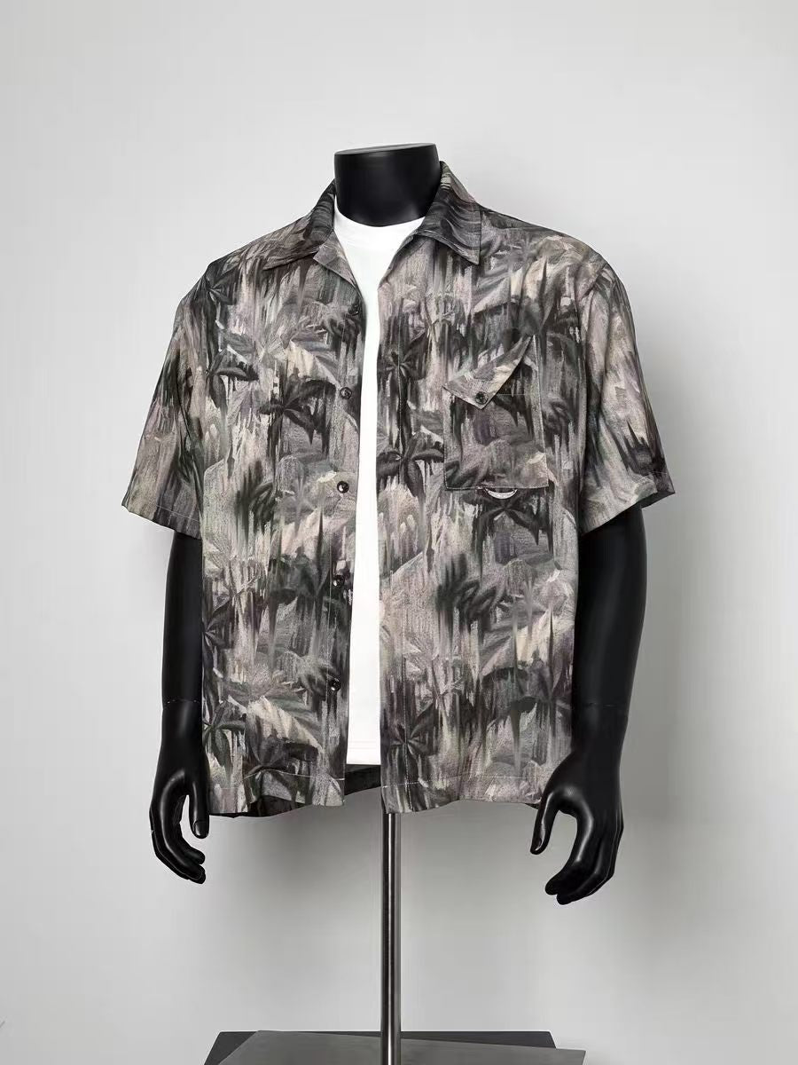 Men Vintage Abstract Palm Leaf Drip Graphic Loose Fit Button Up Casual Resort Shirt