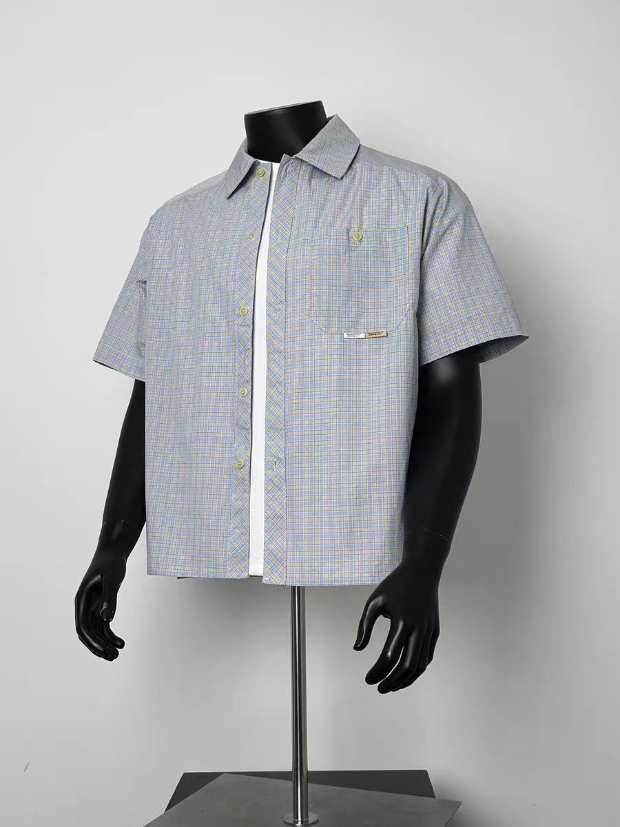 Men Pastel Small Plaid Collared Loose Fit Casual Short Sleeve Shirt Mini Tag Detail