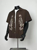 Dark Brown Camp Collar Short Sleeve Shirt with Symmetric Floral Rhinestone Embroidery