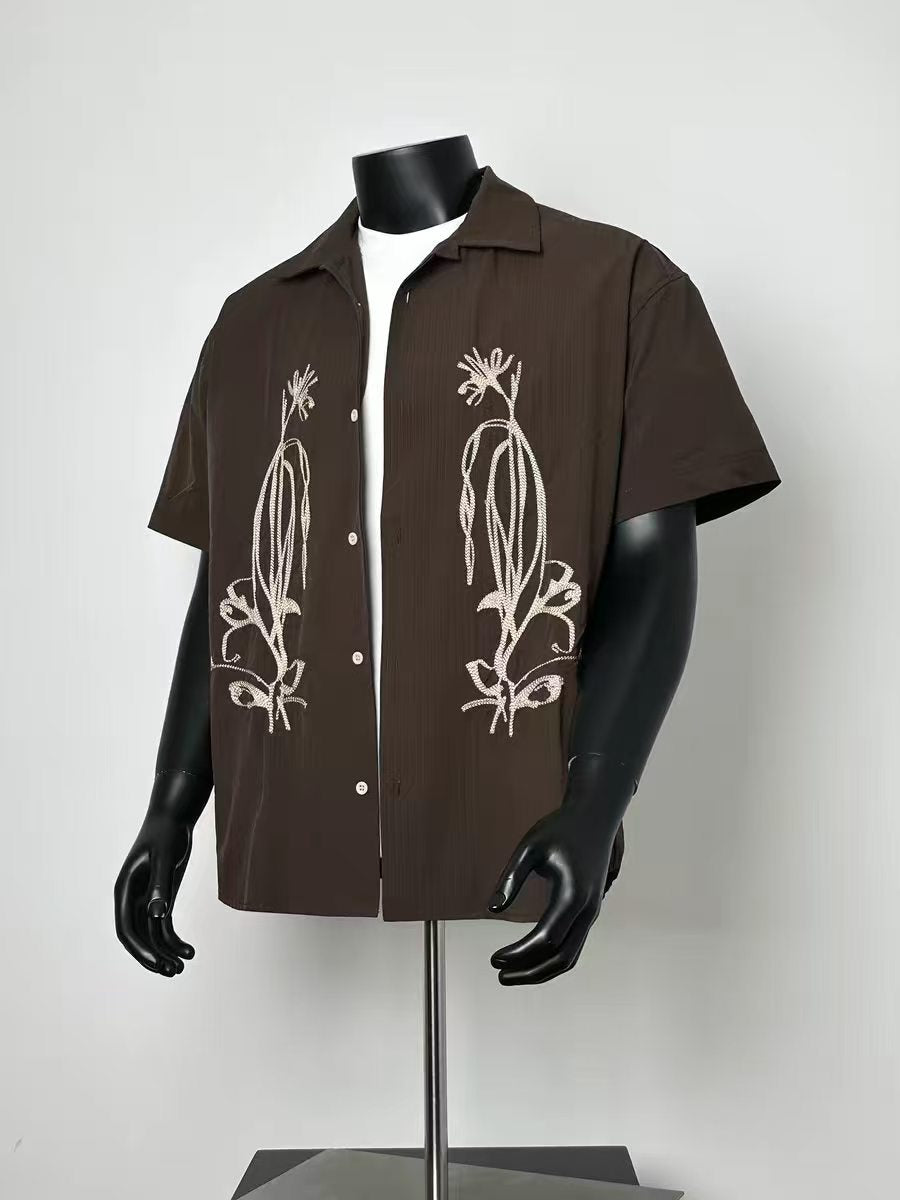 Dark Brown Camp Collar Short Sleeve Shirt with Symmetric Floral Rhinestone Embroidery