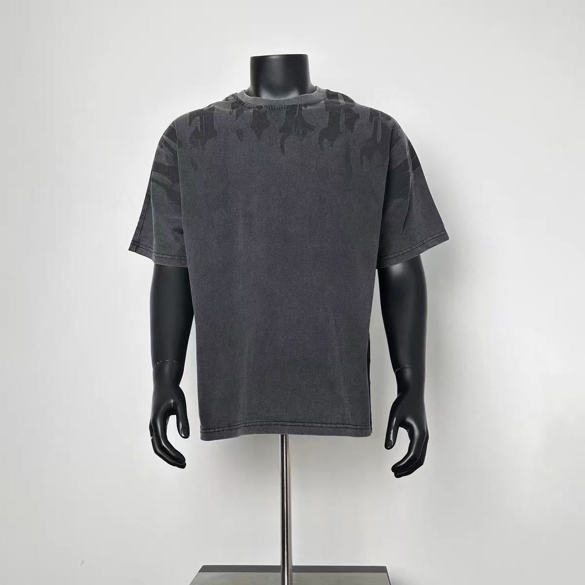 Men Distressed Dark Gray Gothic Spike Graphic Loose Fit Short Sleeve Street Tee