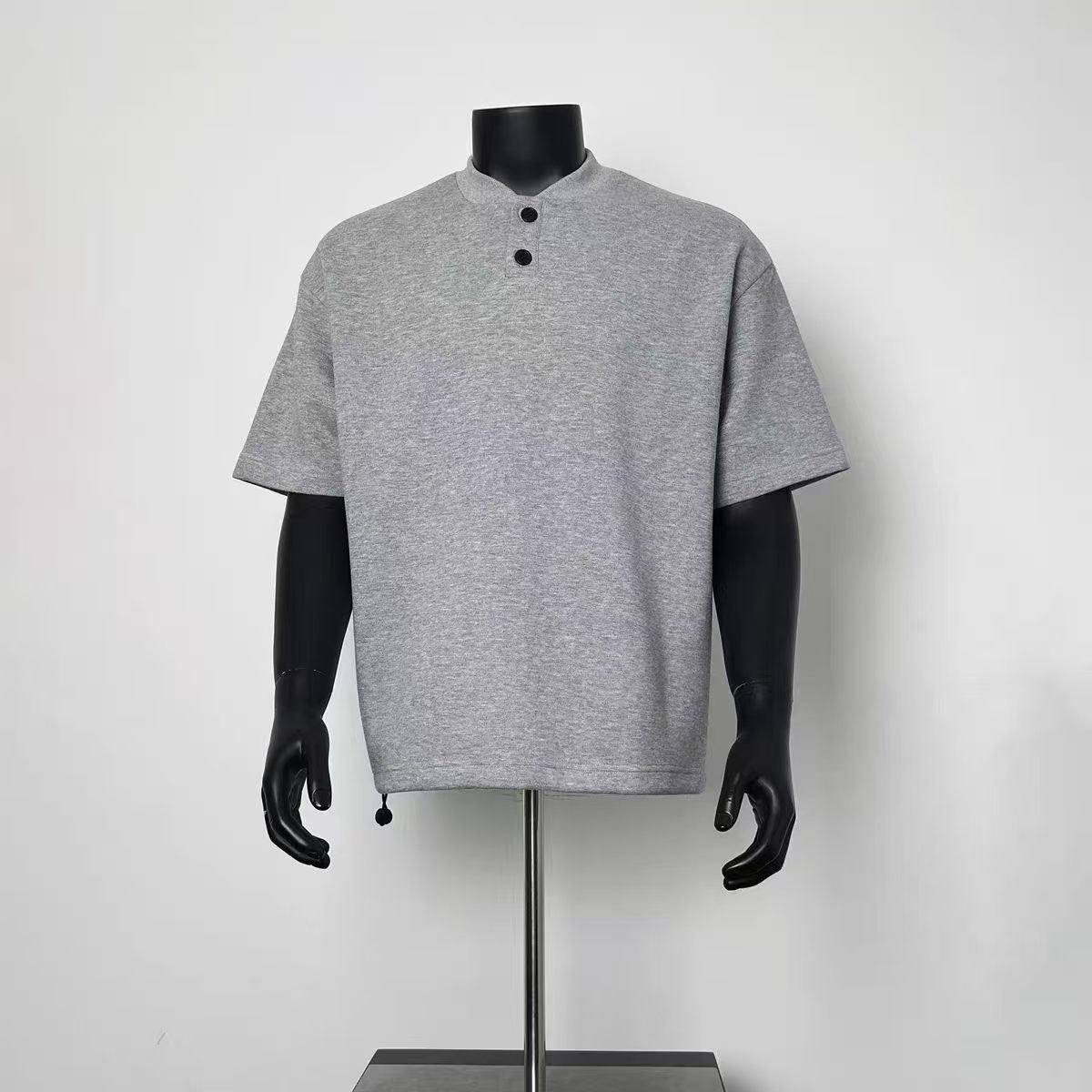 Men Two Button Mock Neck Loose Fit Casual Tee Drawstring Bottom Streetwear Top