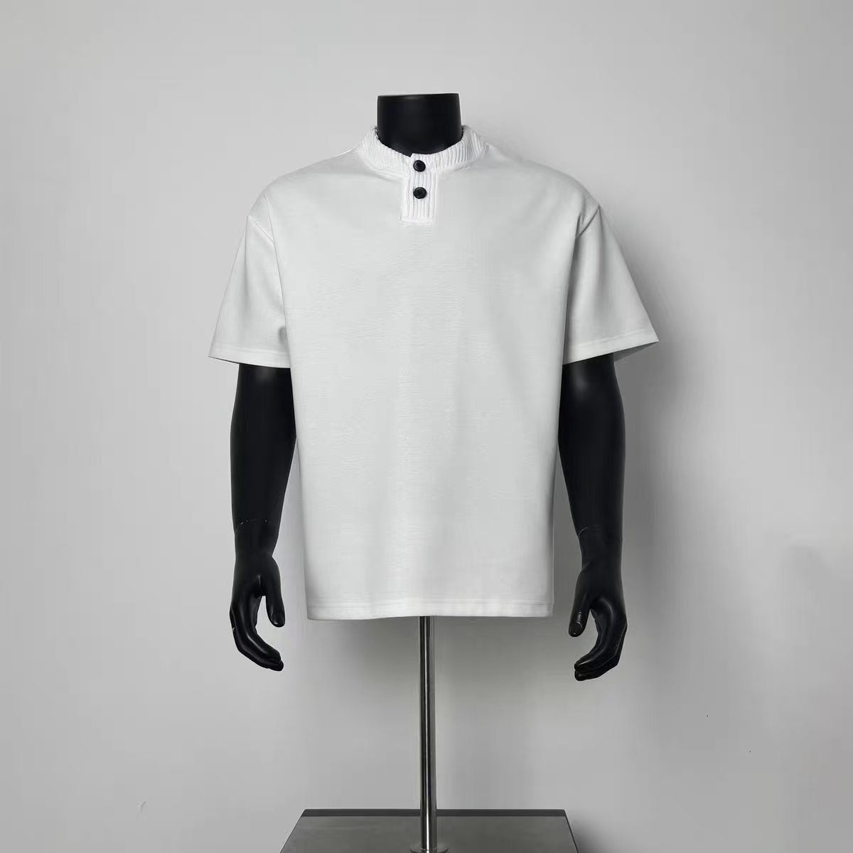 Solid White Ribbed Henley Collar Oversized Short Sleeve T-Shirt Two Button Mock Neck Tee